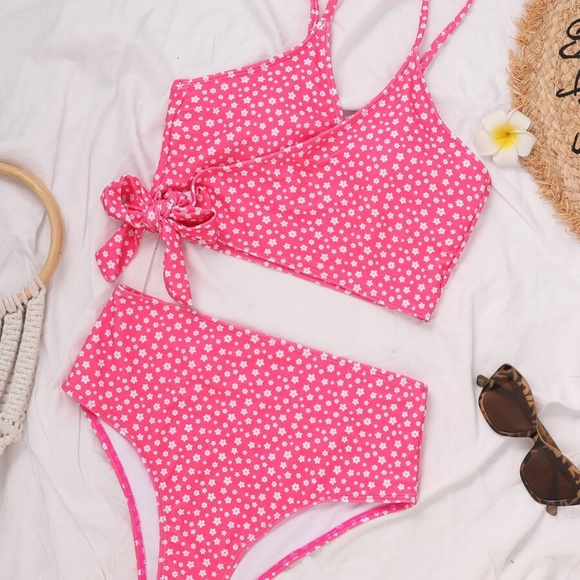 Boho Neon Pink Floral Print Tie V neck Bikini swim - Picture 6 of 6